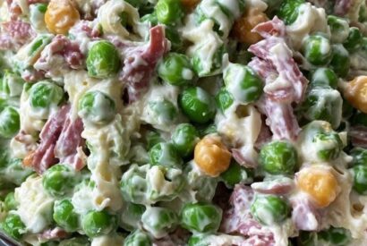 Thumbnail for Southern Pea Salad A Crisp, Creamy, and Retro Potluck Favorite Made with Sweet Green Peas, Cheddar, and Bacon